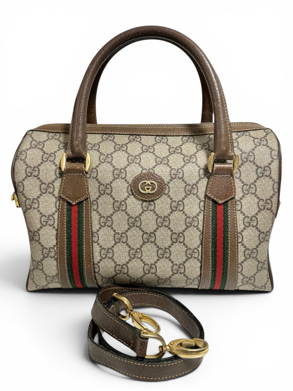 Gucci Gg Supreme Web Canvas & Leather Sherry Stripe Boston Two Way Bag